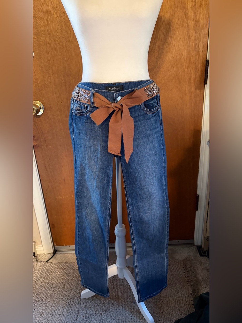 White House Black Market Blue Denim Flare Jeans with Brown Tie